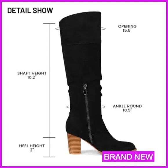 Suede Knee High Boots Chunky Block Heel Slouch Fashion Round Toe Side Zipper - Picture 6 of 7